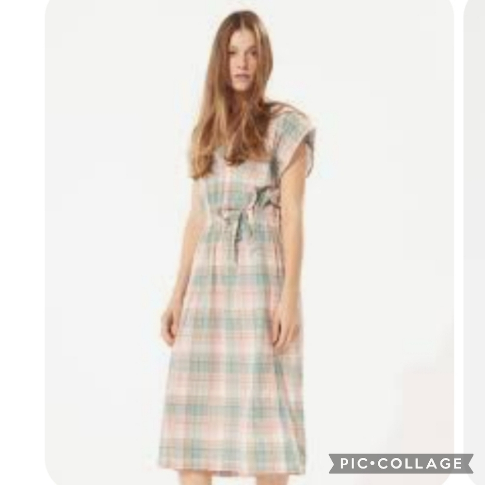 Cotelac Acote Plaid Dress Sleeveless Midi Cinch Waist V-Neck Stretch Cotton Sz 1